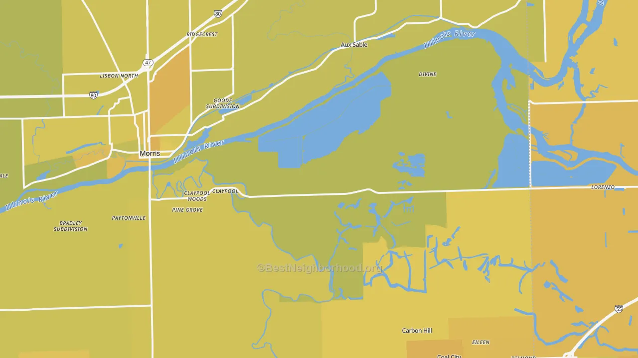 Map of the best neighborhoods in the Grundy County area, with better matches in green and worse matches in red