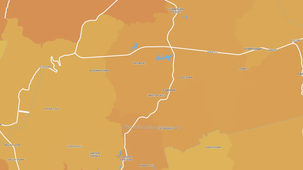 Map of the best neighborhoods in the Grundy County area, with better matches in green and worse matches in red