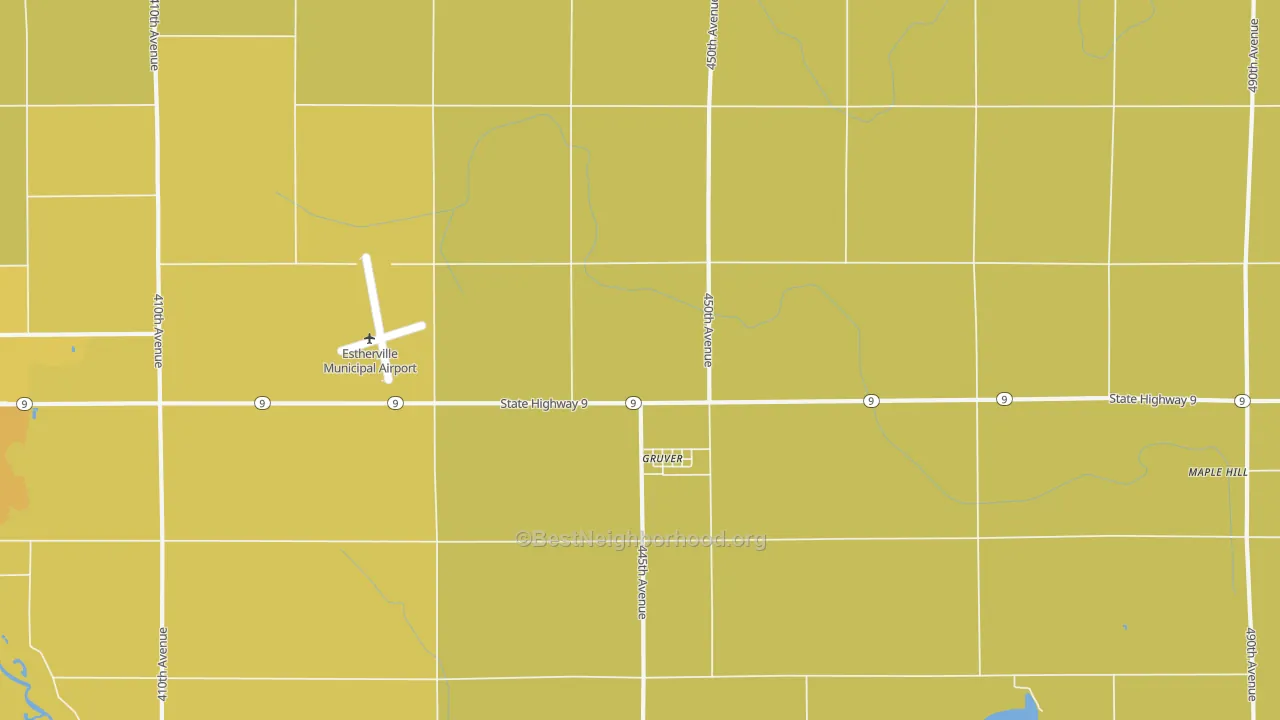 Map of the best neighborhoods in the Gruver area, with better matches in green and worse matches in red