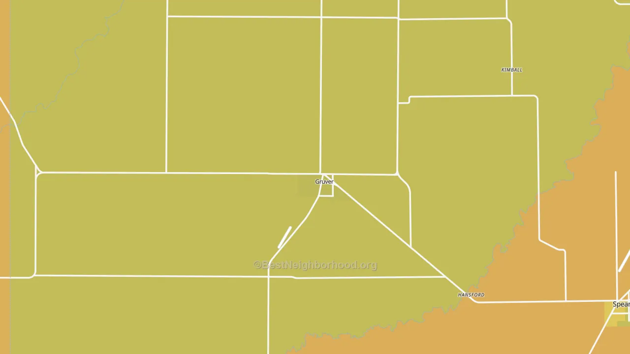 Map of the best neighborhoods in the Gruver area, with better matches in green and worse matches in red