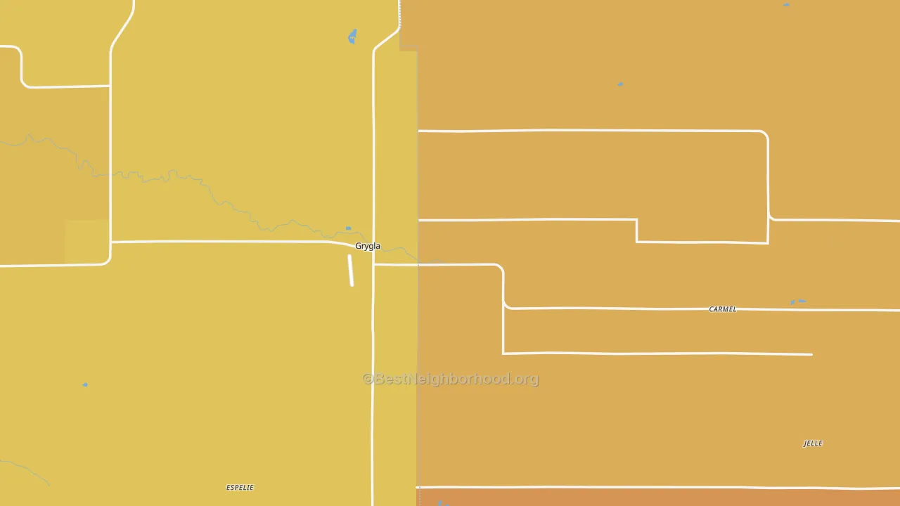 Map of the best neighborhoods in the Grygla area, with better matches in green and worse matches in red