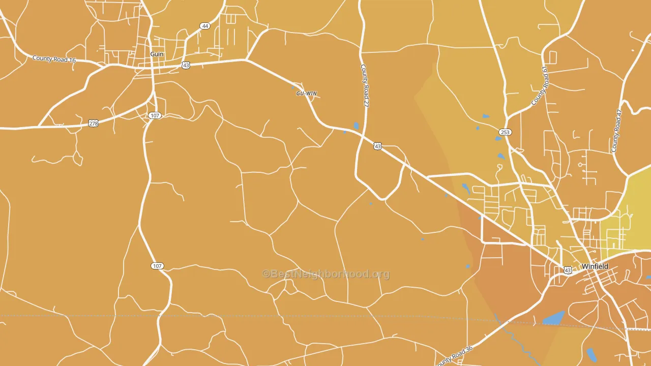 Map of the best neighborhoods in the Gu-Win area, with better matches in green and worse matches in red