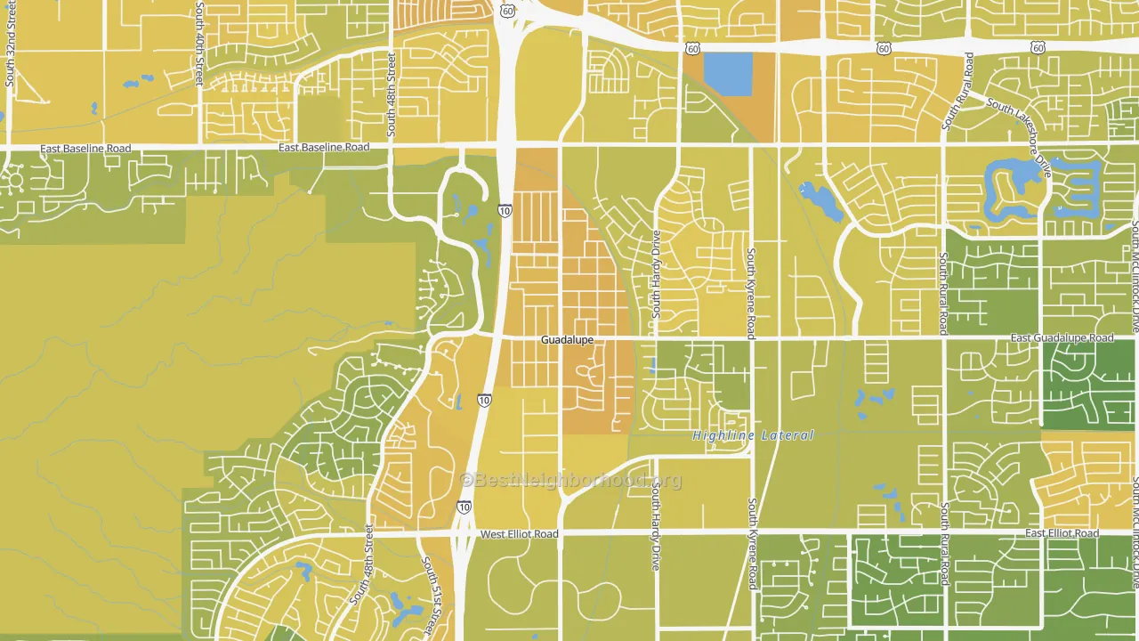 Map of the best neighborhoods in the Guadalupe area, with better matches in green and worse matches in red