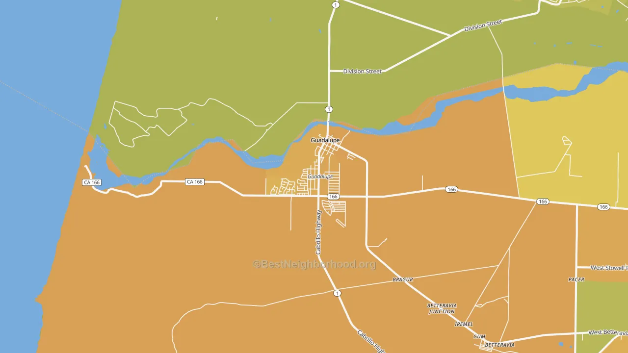 Map of the best neighborhoods in the Guadalupe area, with better matches in green and worse matches in red