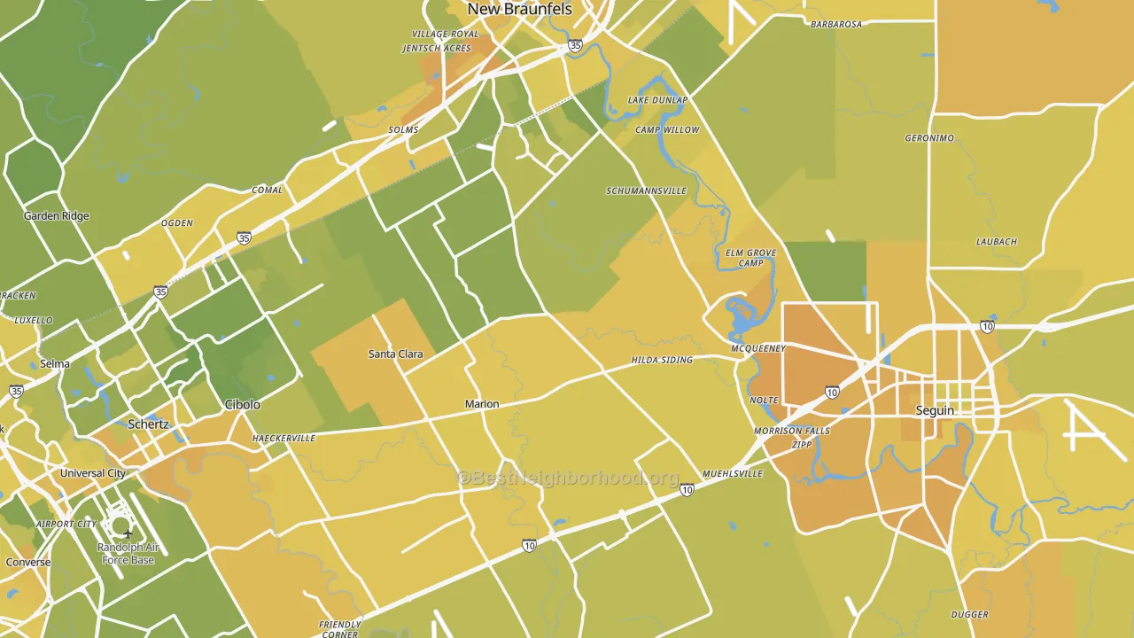 Map of the best neighborhoods in the Guadalupe County area, with better matches in green and worse matches in red