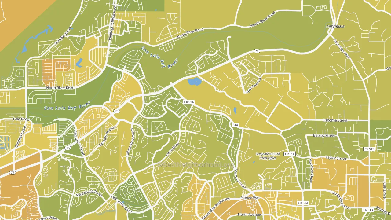 Map of the best neighborhoods in the Guajome, Oceanside area, with better matches in green and worse matches in red