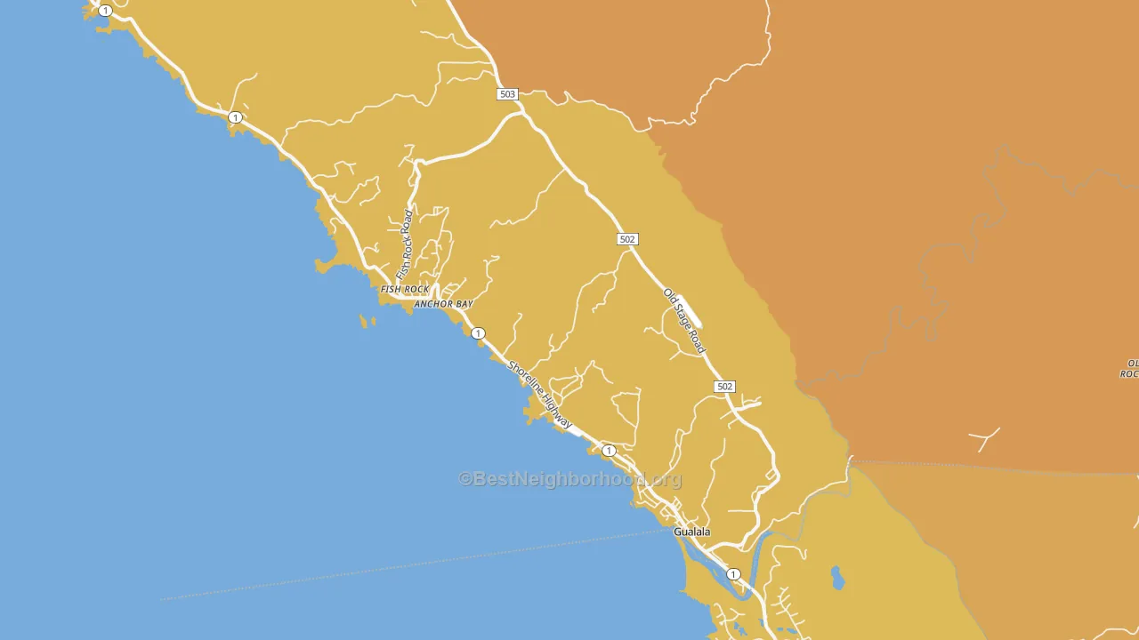 Map of the best neighborhoods in the Gualala area, with better matches in green and worse matches in red