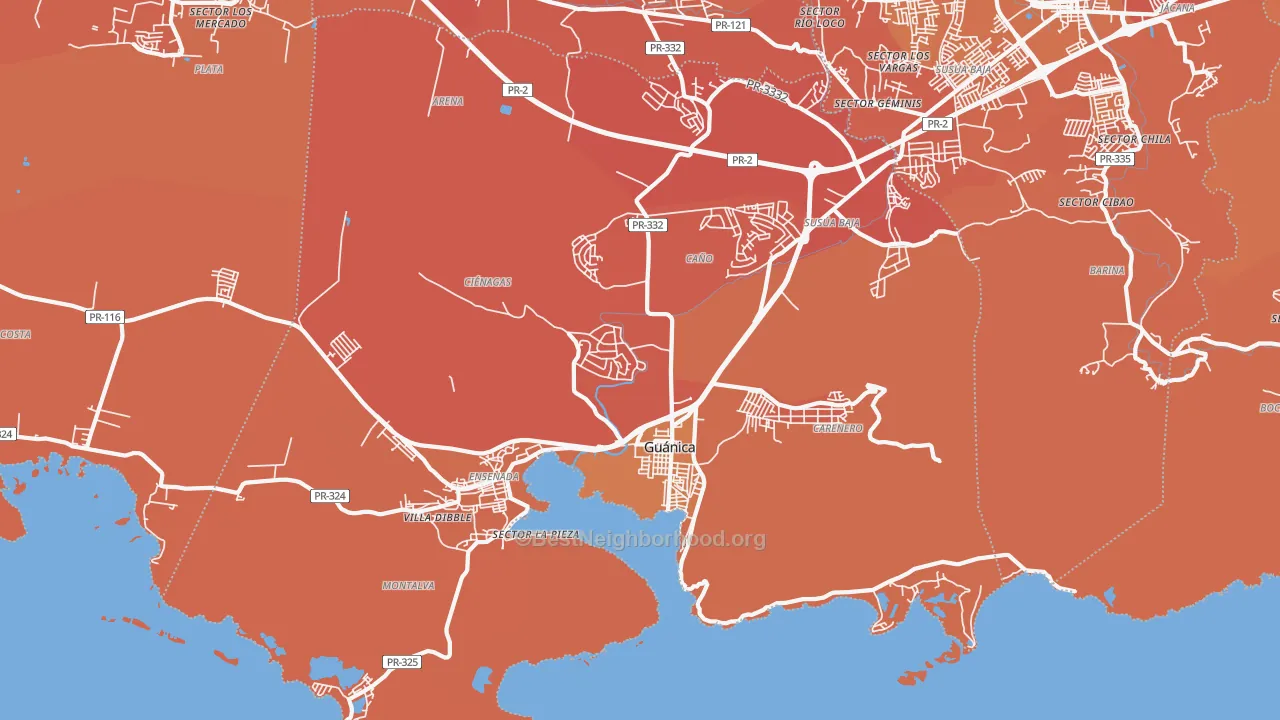 Map of the best neighborhoods in the Guanica Municipio area, with better matches in green and worse matches in red