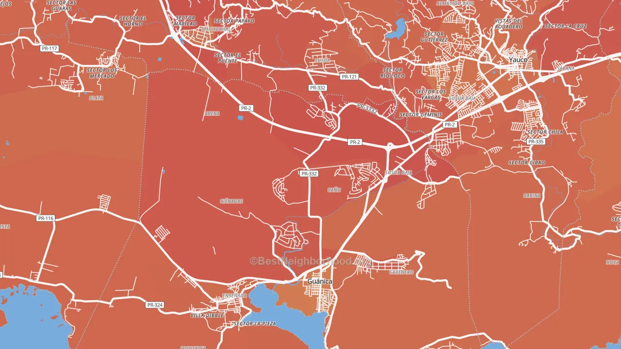 Map of the best neighborhoods in the Guanica area, with better matches in green and worse matches in red