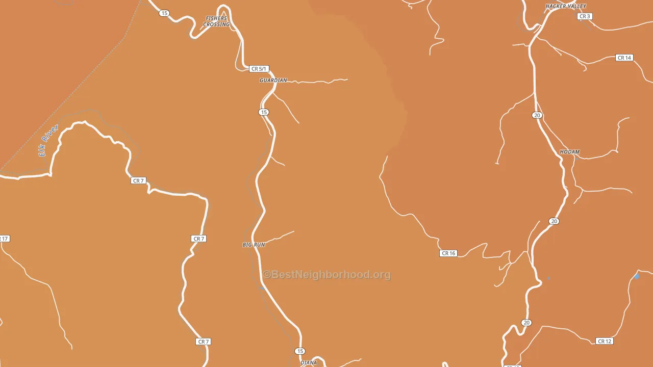Map of the best neighborhoods in the Guardian area, with better matches in green and worse matches in red