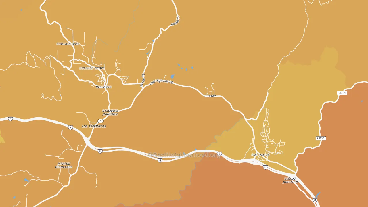 Map of the best neighborhoods in the Guatay area, with better matches in green and worse matches in red