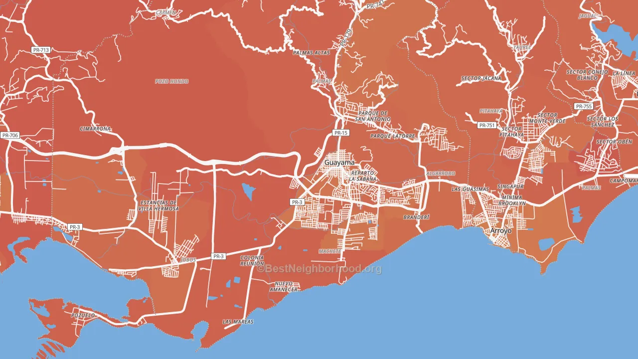 Map of the best neighborhoods in the Guayama Municipio area, with better matches in green and worse matches in red