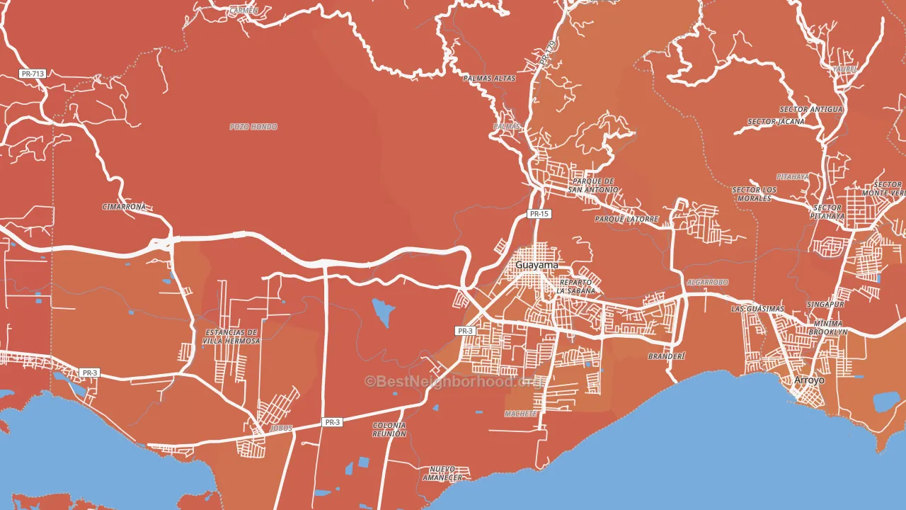 Map of the best neighborhoods in the Guayama area, with better matches in green and worse matches in red