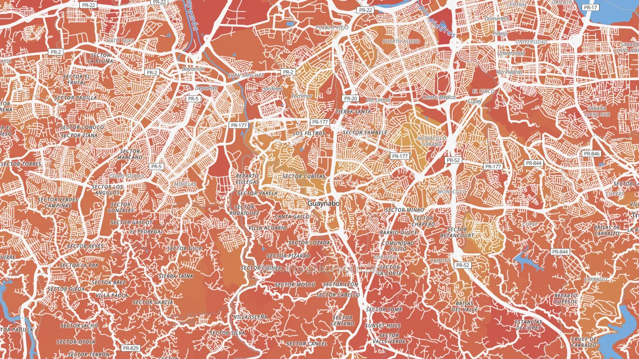 Map of the best neighborhoods in the Guaynabo Municipio area, with better matches in green and worse matches in red