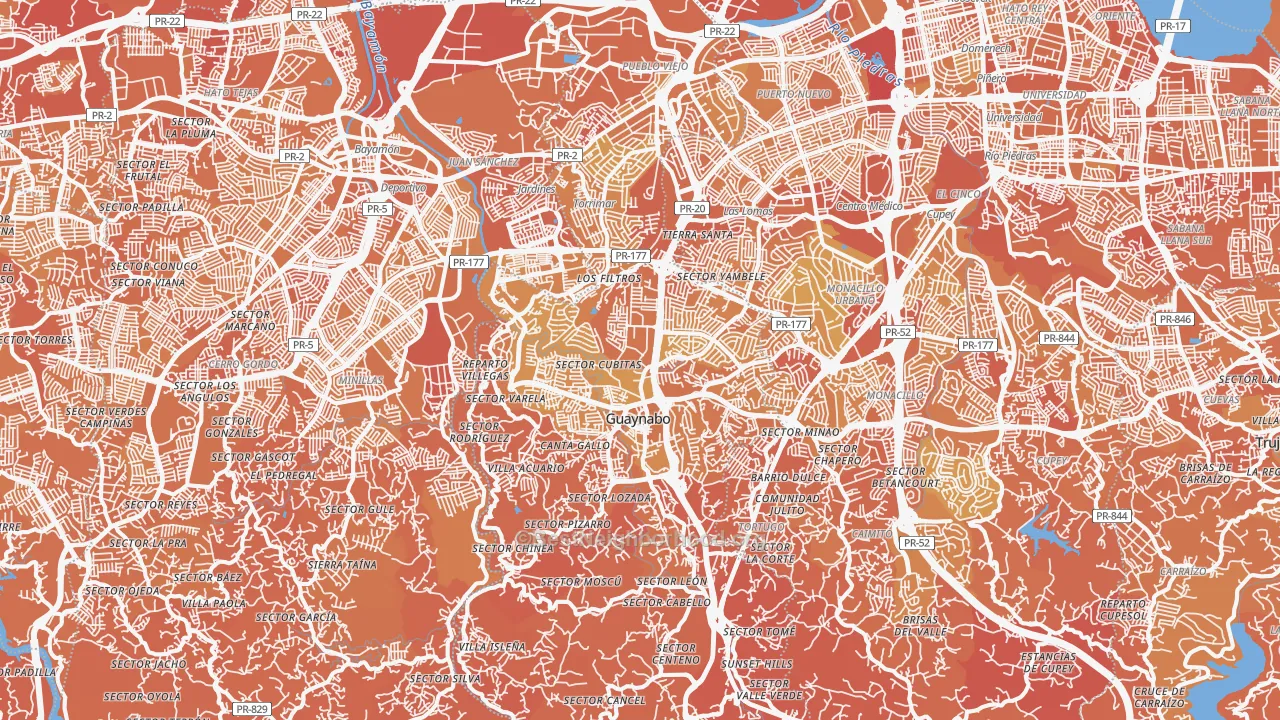 Map of the best neighborhoods in the Guaynabo area, with better matches in green and worse matches in red