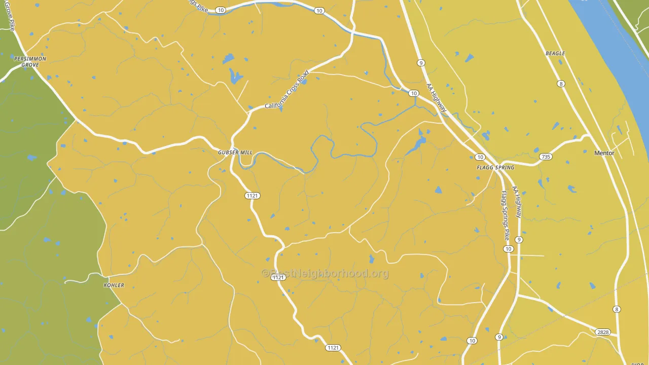 Map of the best neighborhoods in the Gubser Mill area, with better matches in green and worse matches in red