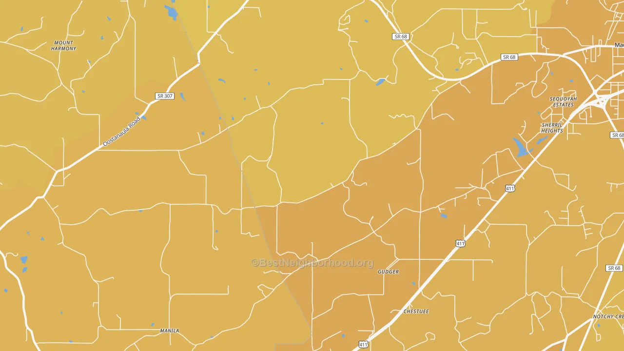 Map of the best neighborhoods in the Gudger area, with better matches in green and worse matches in red