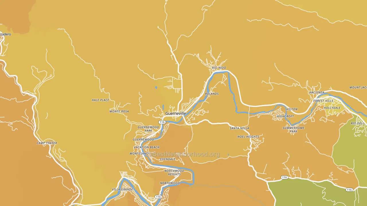 Map of the best neighborhoods in the Guerneville area, with better matches in green and worse matches in red
