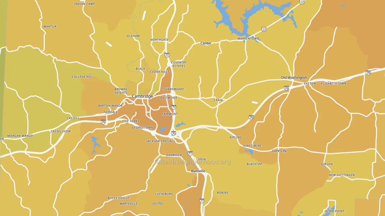 Map of the best neighborhoods in the Guernsey County area, with better matches in green and worse matches in red