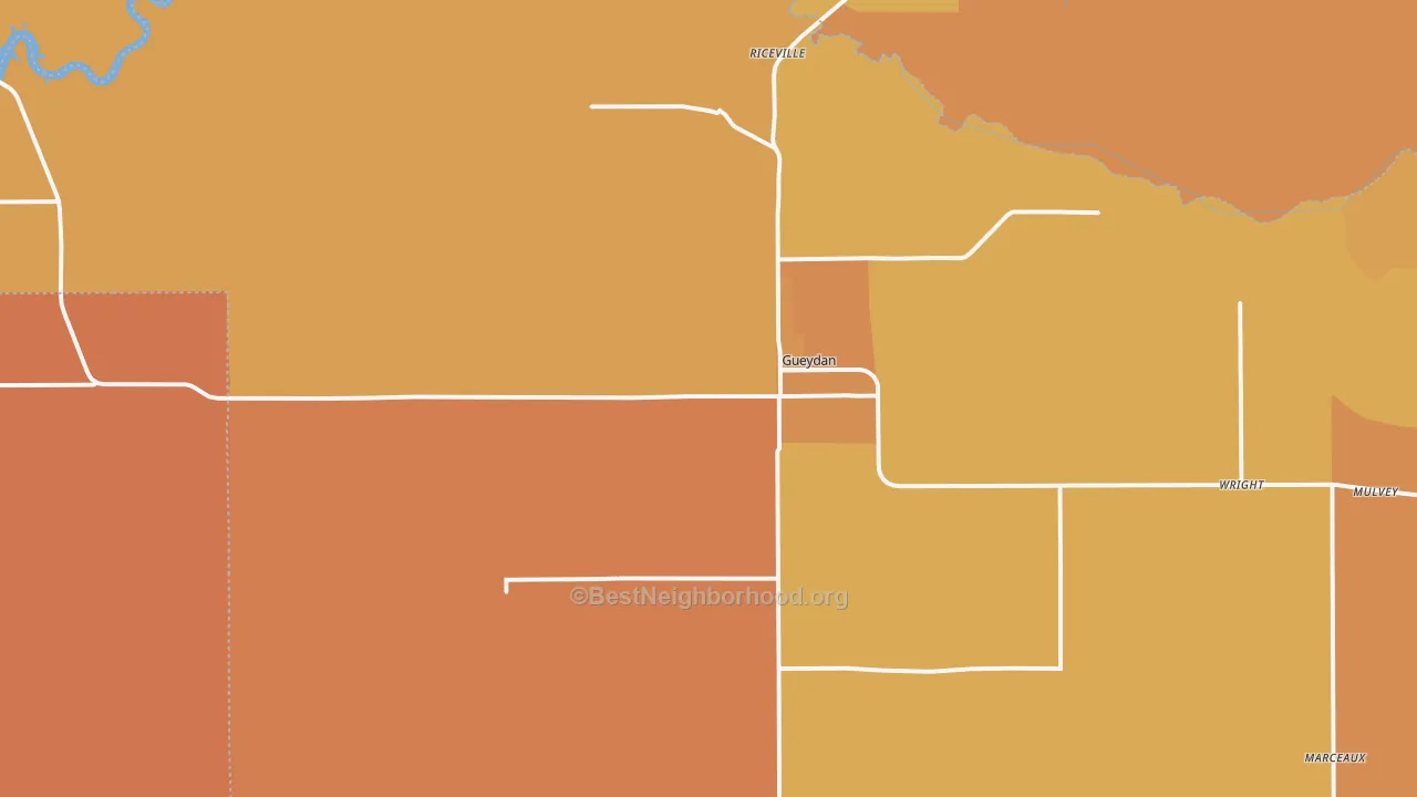 Map of the best neighborhoods in the Gueydan area, with better matches in green and worse matches in red