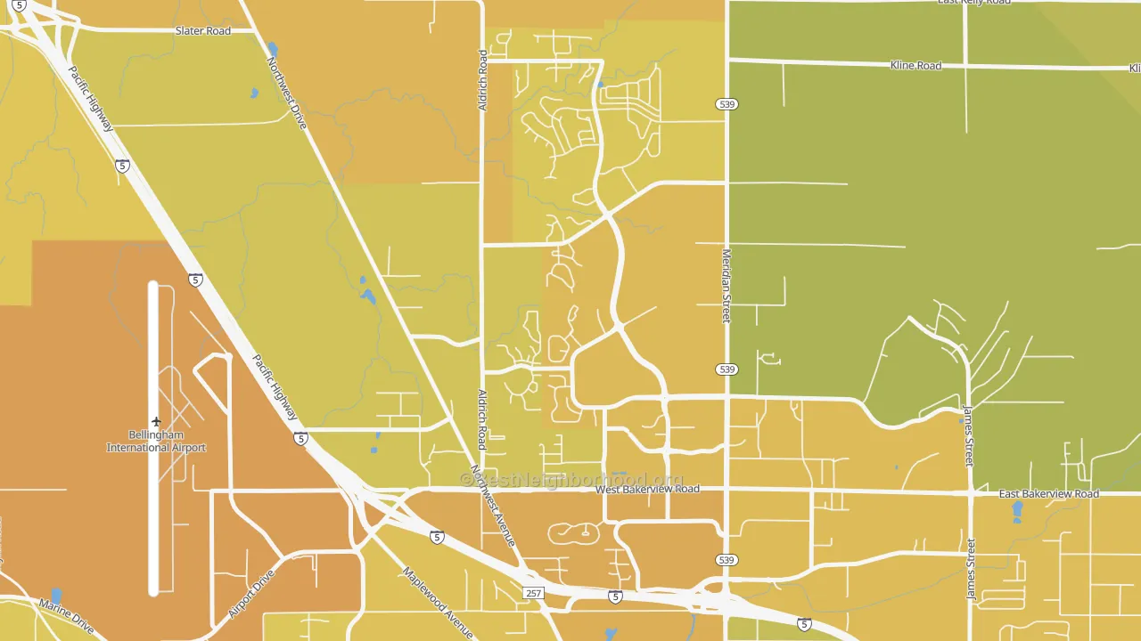 Map of the best neighborhoods in the Guide Meridian, Bellingham area, with better matches in green and worse matches in red