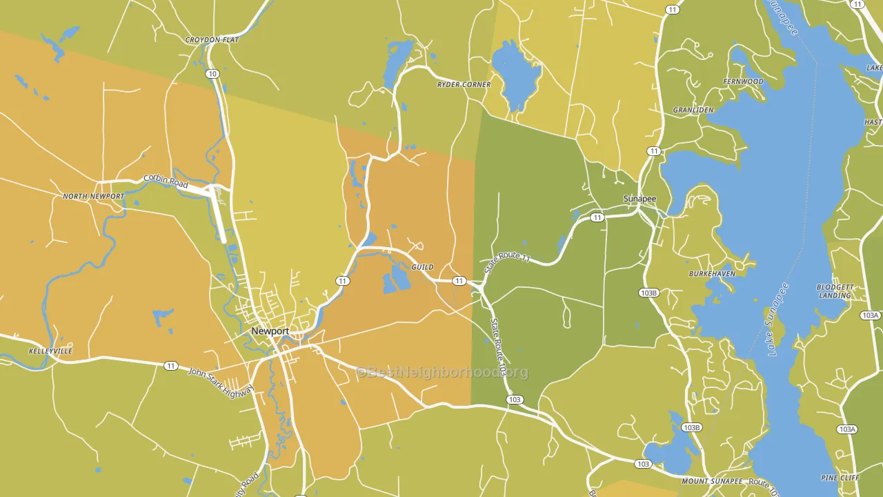 Map of the best neighborhoods in the Guild area, with better matches in green and worse matches in red