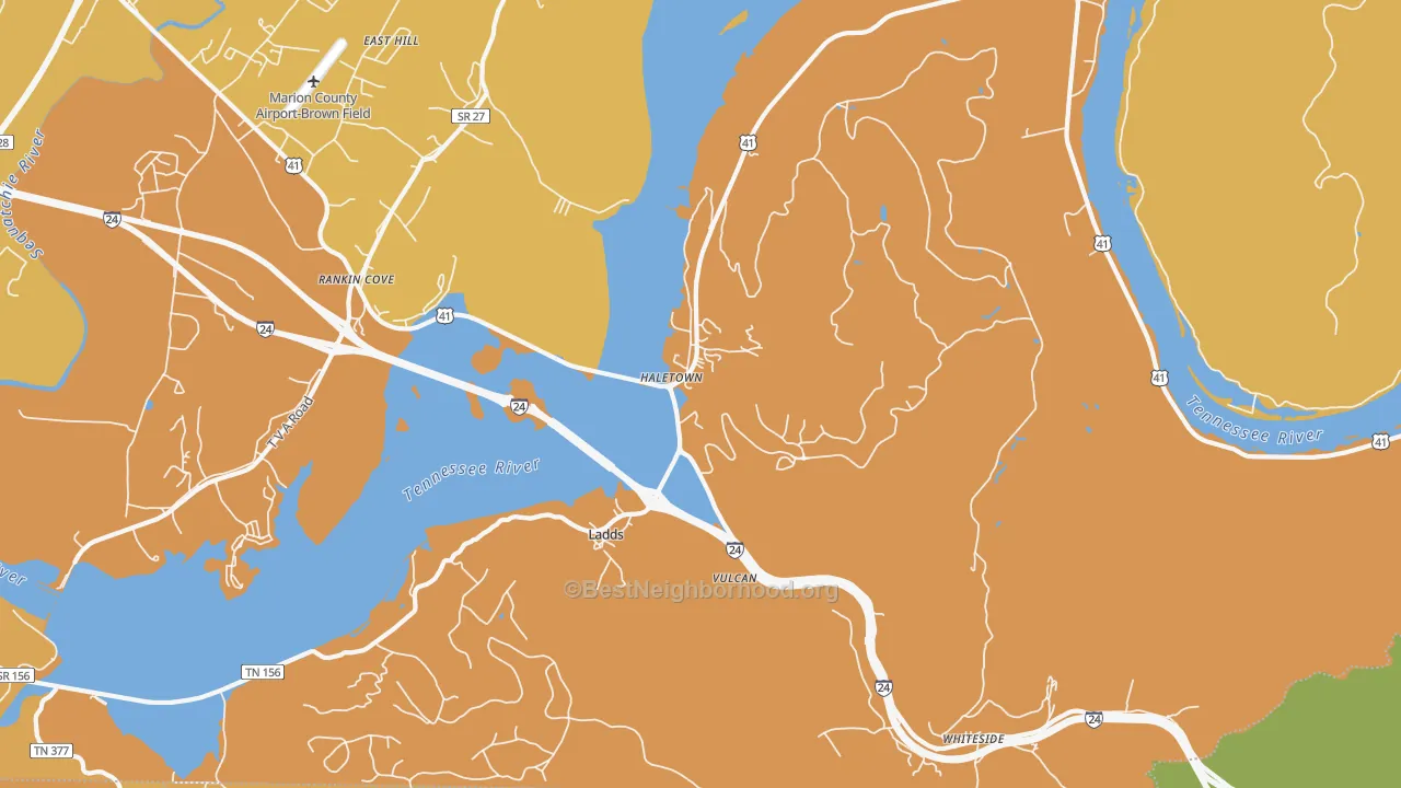 Map of the best neighborhoods in the Guild area, with better matches in green and worse matches in red