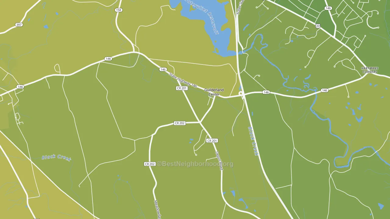 Map of the best neighborhoods in the Guilderland Center area, with better matches in green and worse matches in red