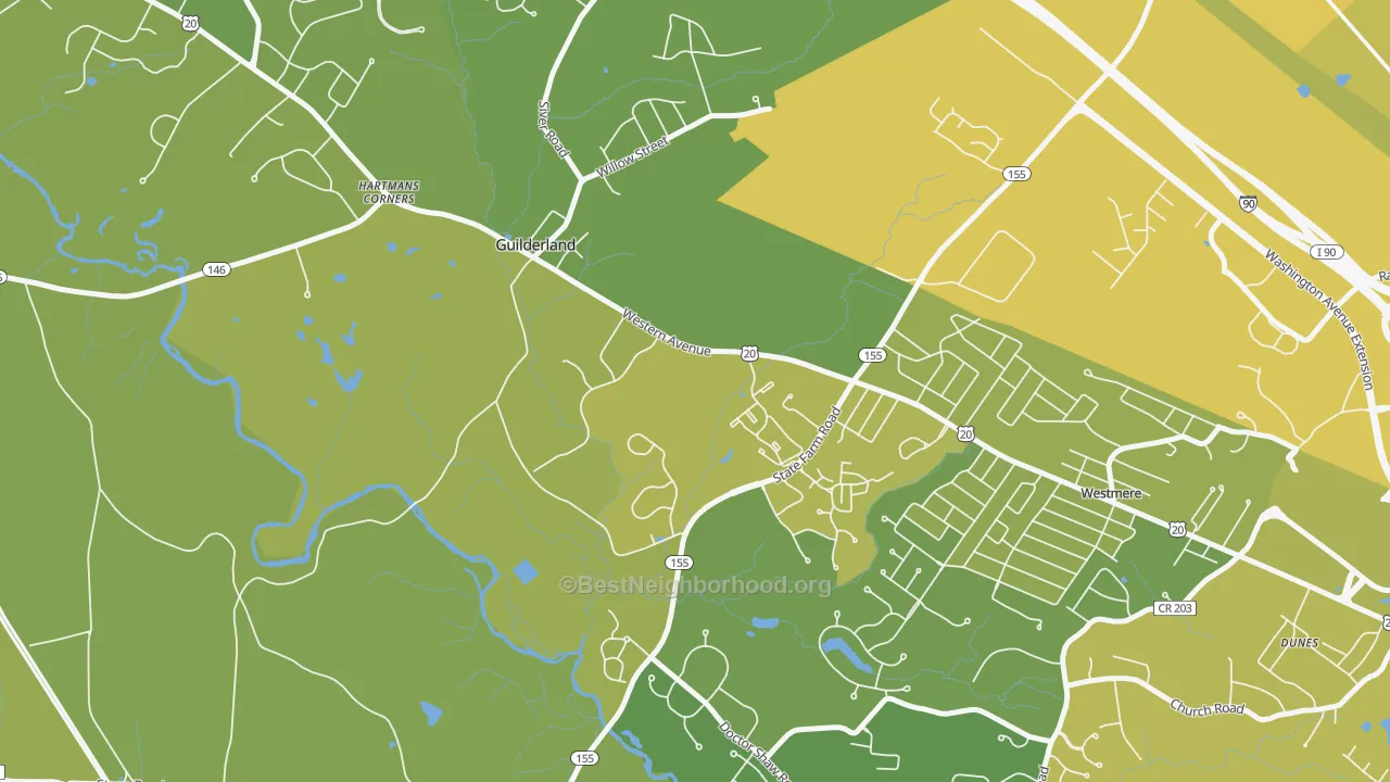 Map of the best neighborhoods in the Guilderland area, with better matches in green and worse matches in red