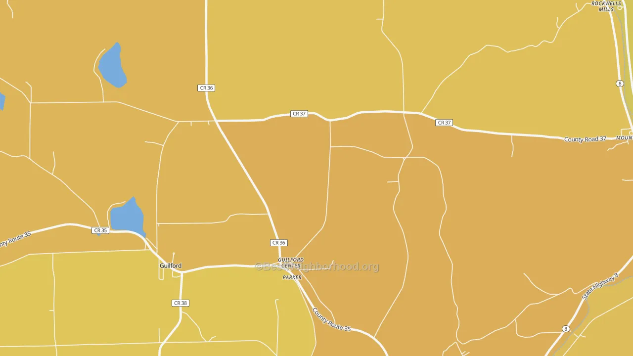 Map of the best neighborhoods in the Guilford Center area, with better matches in green and worse matches in red