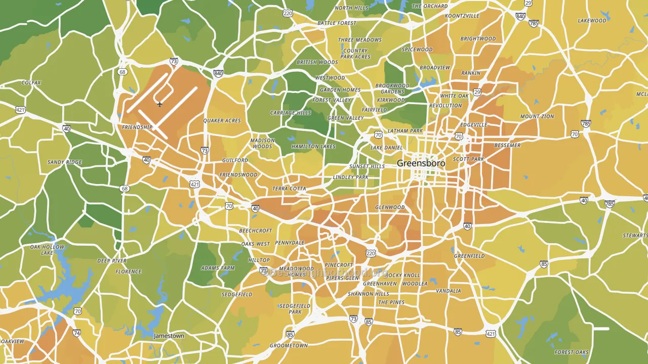 Map of the best neighborhoods in the Guilford County area, with better matches in green and worse matches in red
