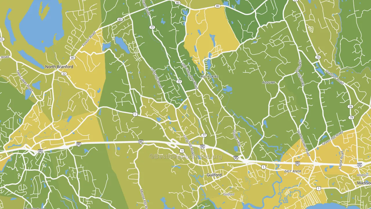 Map of the best neighborhoods in the Guilford area, with better matches in green and worse matches in red