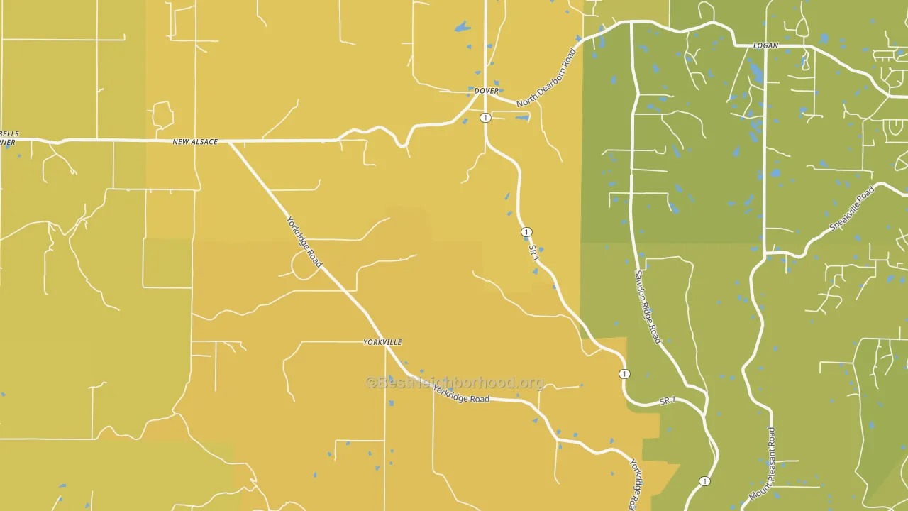 Map of the best neighborhoods in the Guilford area, with better matches in green and worse matches in red