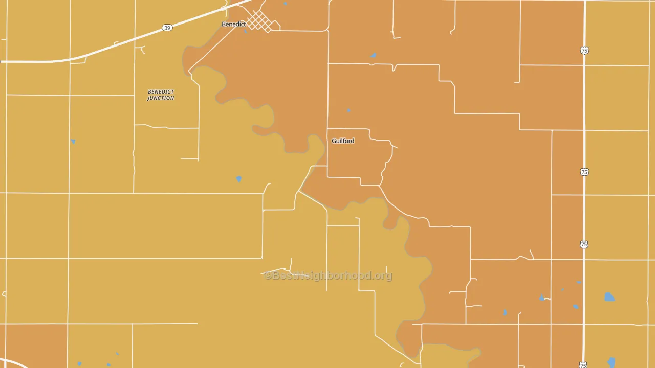Map of the best neighborhoods in the Guilford area, with better matches in green and worse matches in red