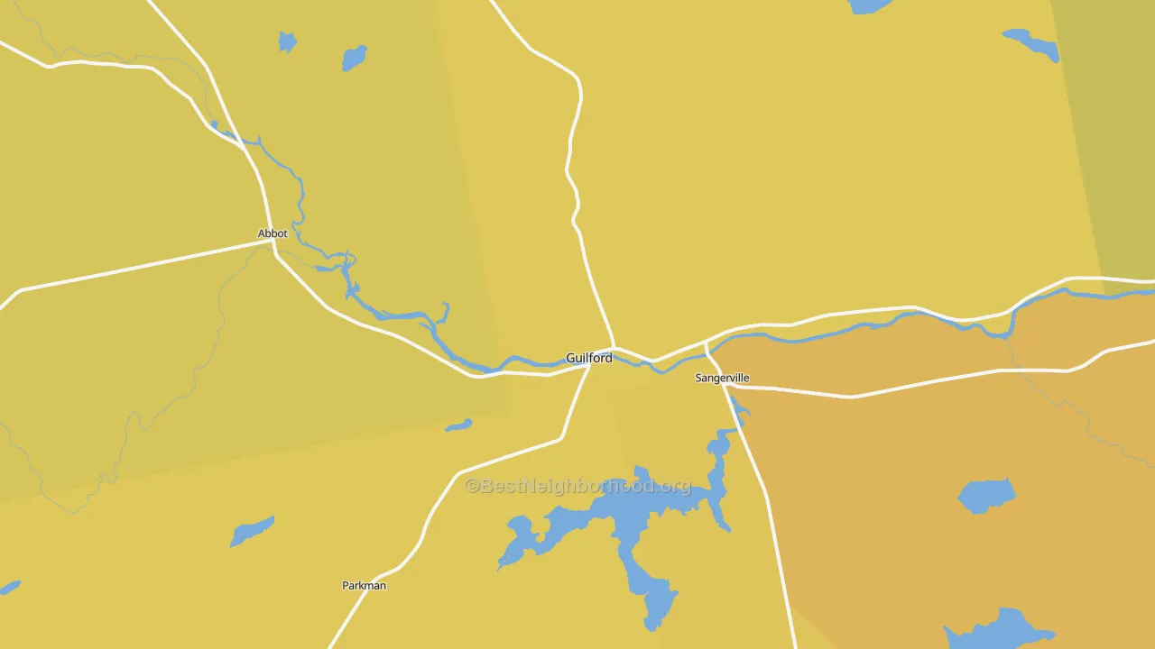 Map of the best neighborhoods in the Guilford area, with better matches in green and worse matches in red
