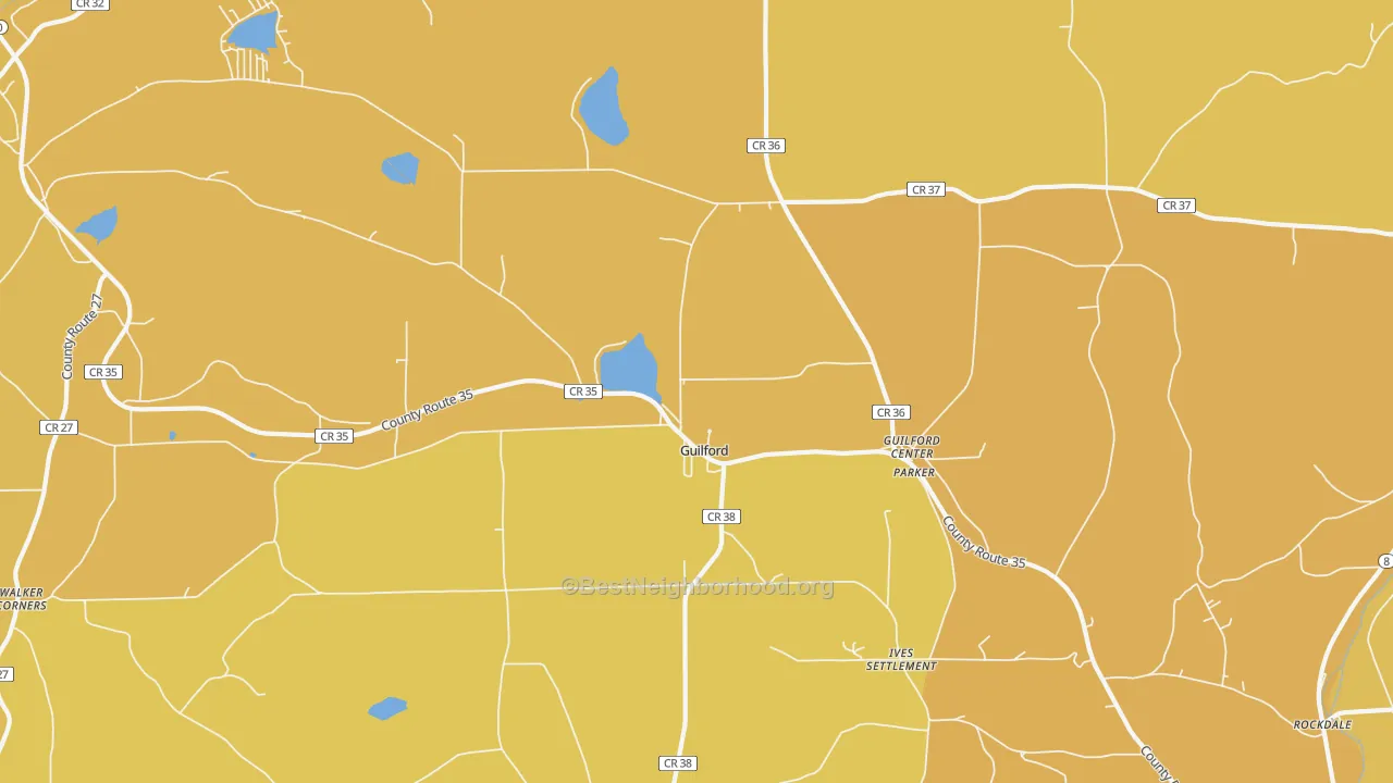 Map of the best neighborhoods in the Guilford area, with better matches in green and worse matches in red