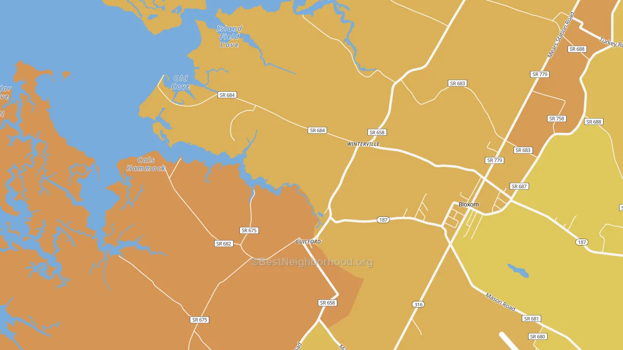 Map of the best neighborhoods in the Guilford area, with better matches in green and worse matches in red