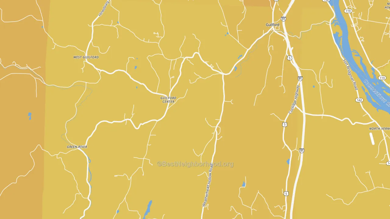 Map of the best neighborhoods in the Guilford area, with better matches in green and worse matches in red