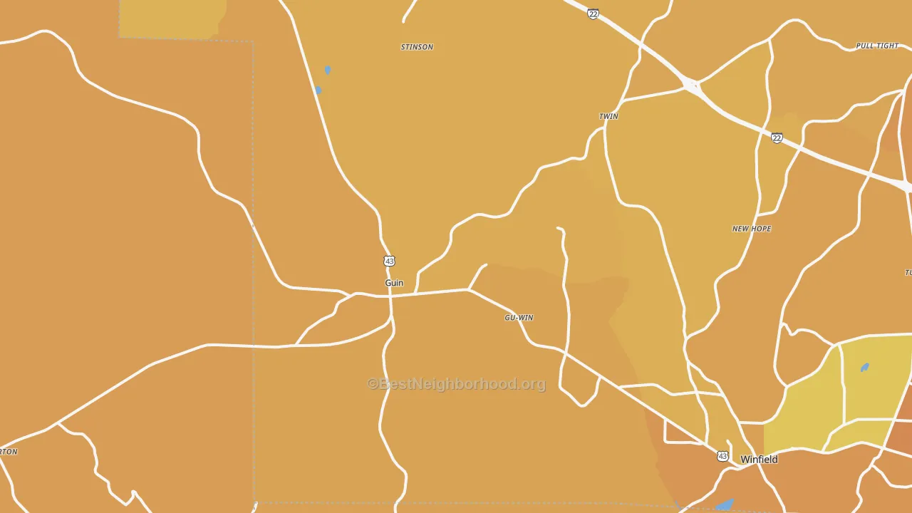 Map of the best neighborhoods in the Guin area, with better matches in green and worse matches in red