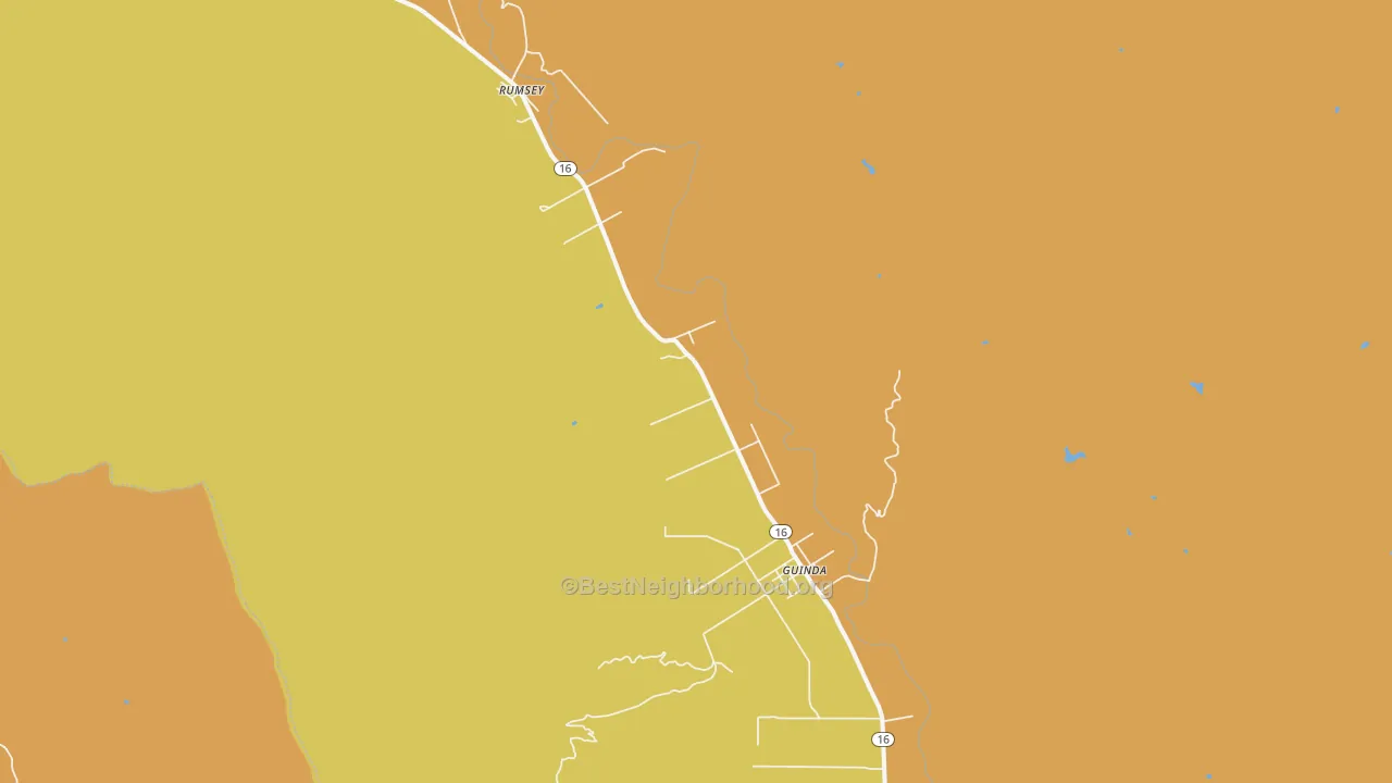 Map of the best neighborhoods in the Guinda area, with better matches in green and worse matches in red