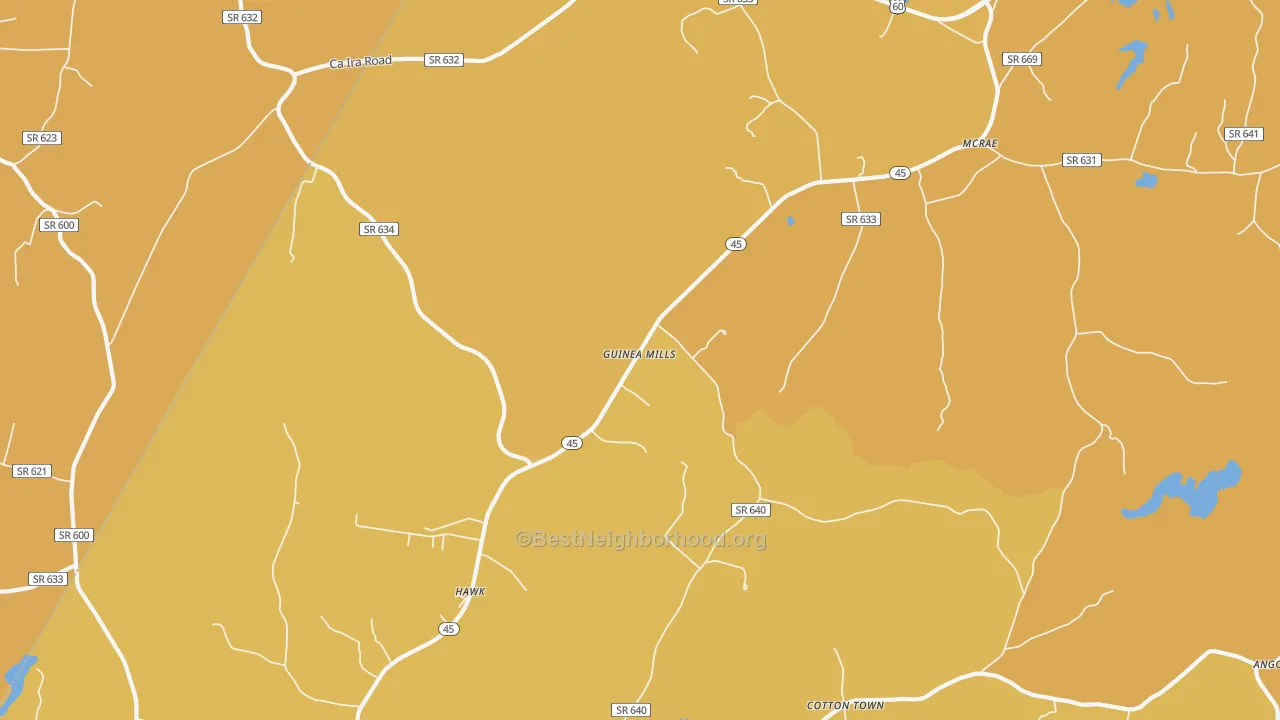 Map of the best neighborhoods in the Guinea Mills area, with better matches in green and worse matches in red