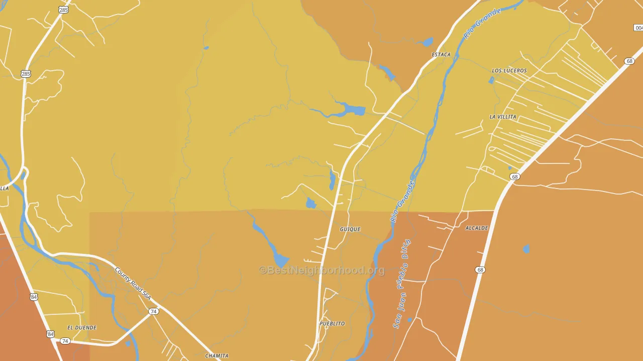 Map of the best neighborhoods in the Guique area, with better matches in green and worse matches in red