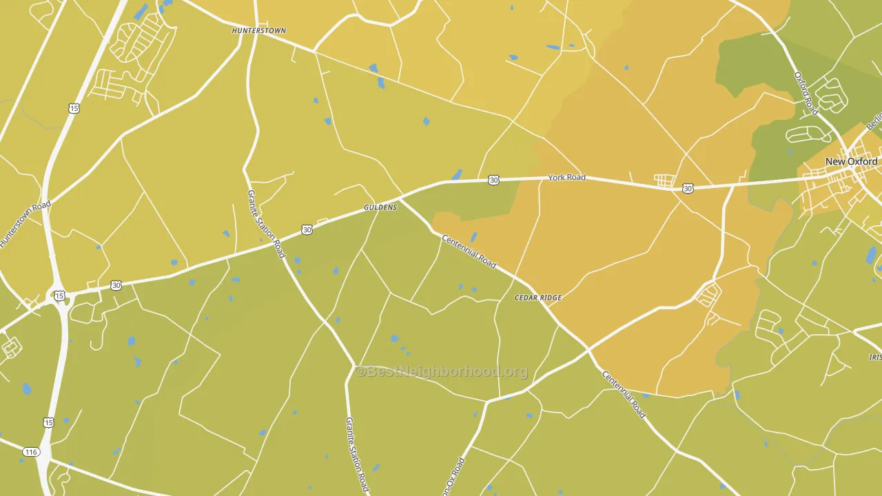 Map of the best neighborhoods in the Guldens area, with better matches in green and worse matches in red