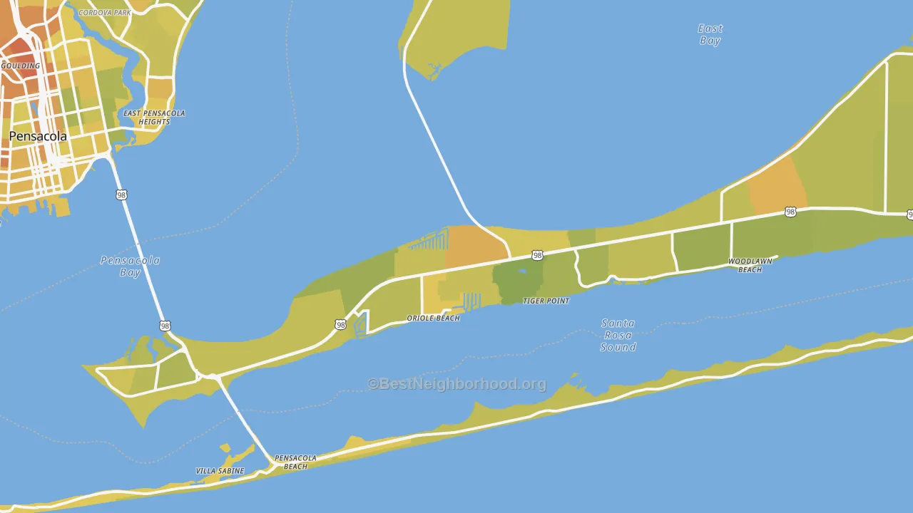 Map of the best neighborhoods in the Gulf Breeze area, with better matches in green and worse matches in red
