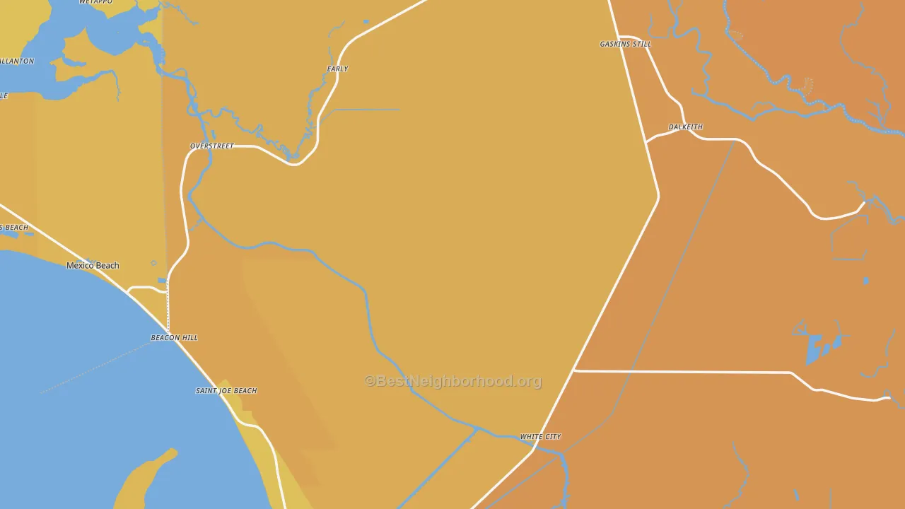 Map of the best neighborhoods in the Gulf County area, with better matches in green and worse matches in red