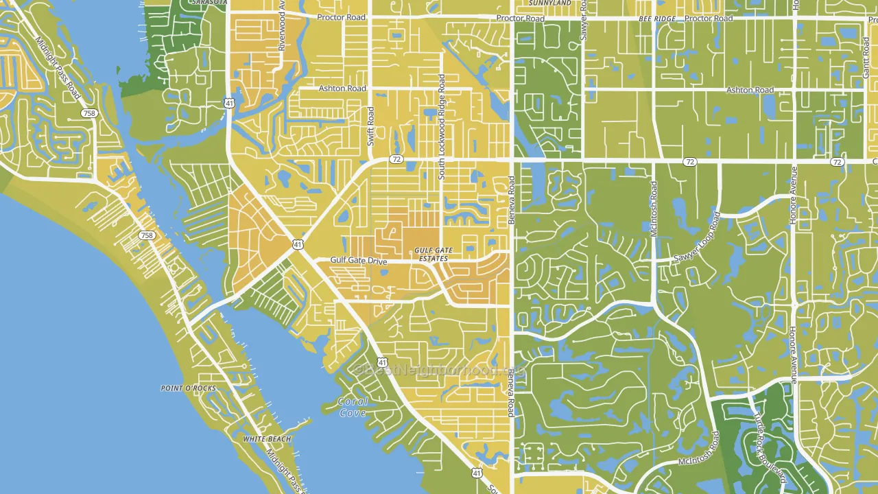 Map of the best neighborhoods in the Gulf Gate Estates area, with better matches in green and worse matches in red
