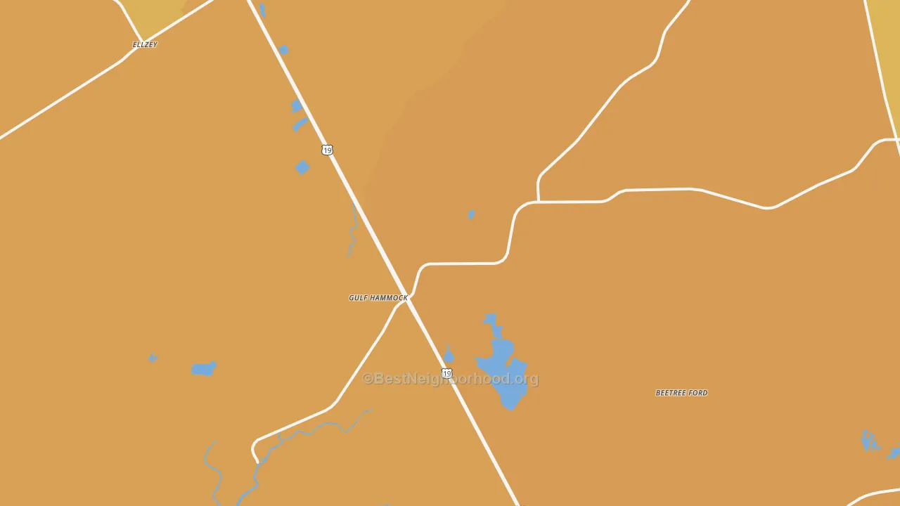 Map of the best neighborhoods in the Gulf Hammock area, with better matches in green and worse matches in red