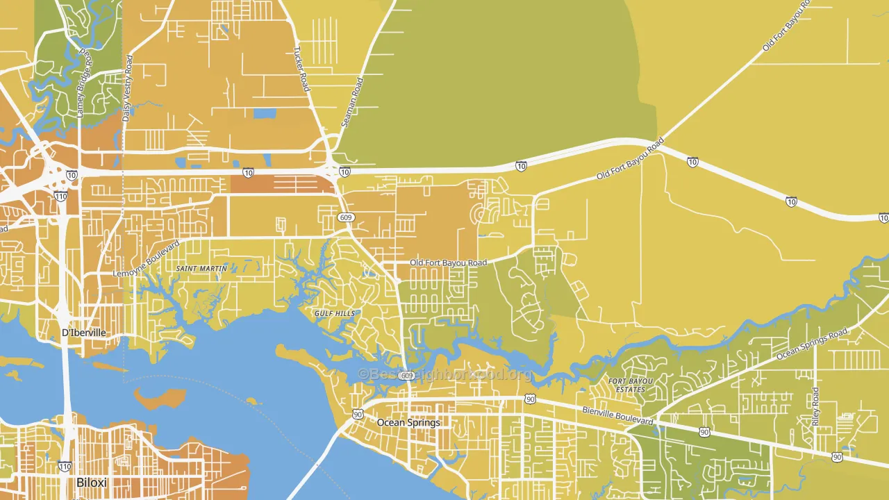 Map of the best neighborhoods in the Gulf Hills area, with better matches in green and worse matches in red