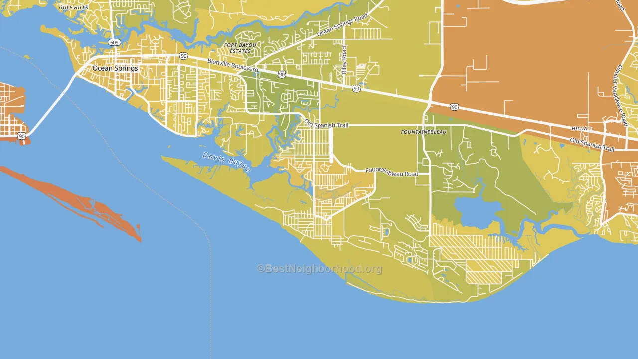 Map of the best neighborhoods in the Gulf Park Estates area, with better matches in green and worse matches in red