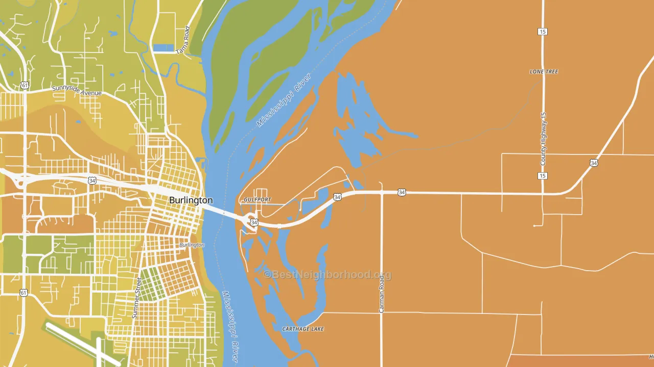 Map of the best neighborhoods in the Gulf Port area, with better matches in green and worse matches in red